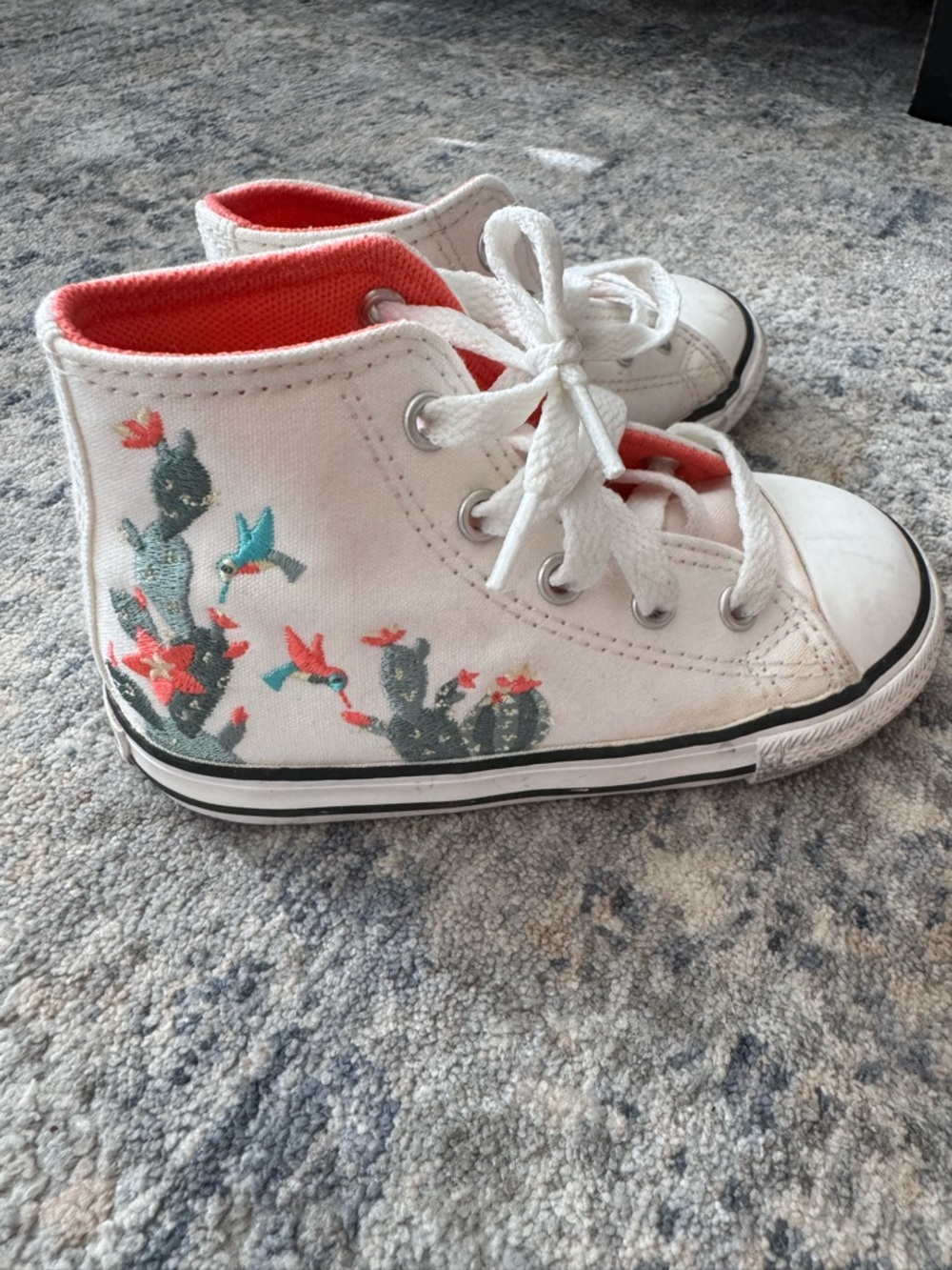 Converse Kids White High-Top Sneakers with Cactus Floral Print and Coral Lining